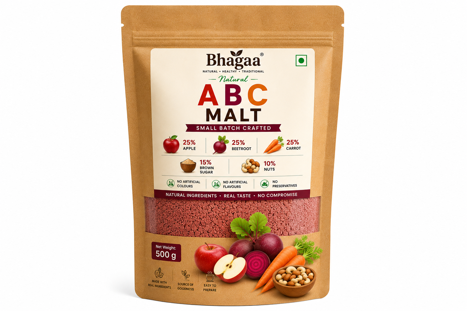 Bhagaa® ABC Malt – Natural Apple, Beetroot & Carrot Malt in 500g Kraft Window Pouch.