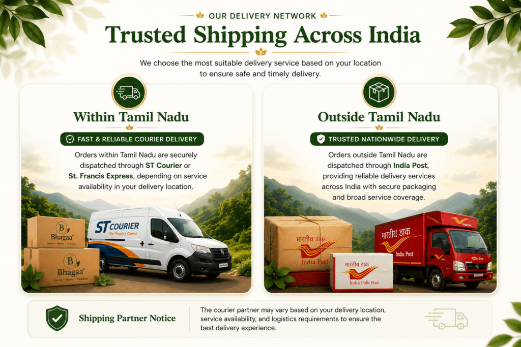 Bhagaa® Trusted Shipping Across India Bhagaa® trusted shipping across India using ST Courier, St. Francis Express for Tamil Nadu, and India Post for nationwide delivery